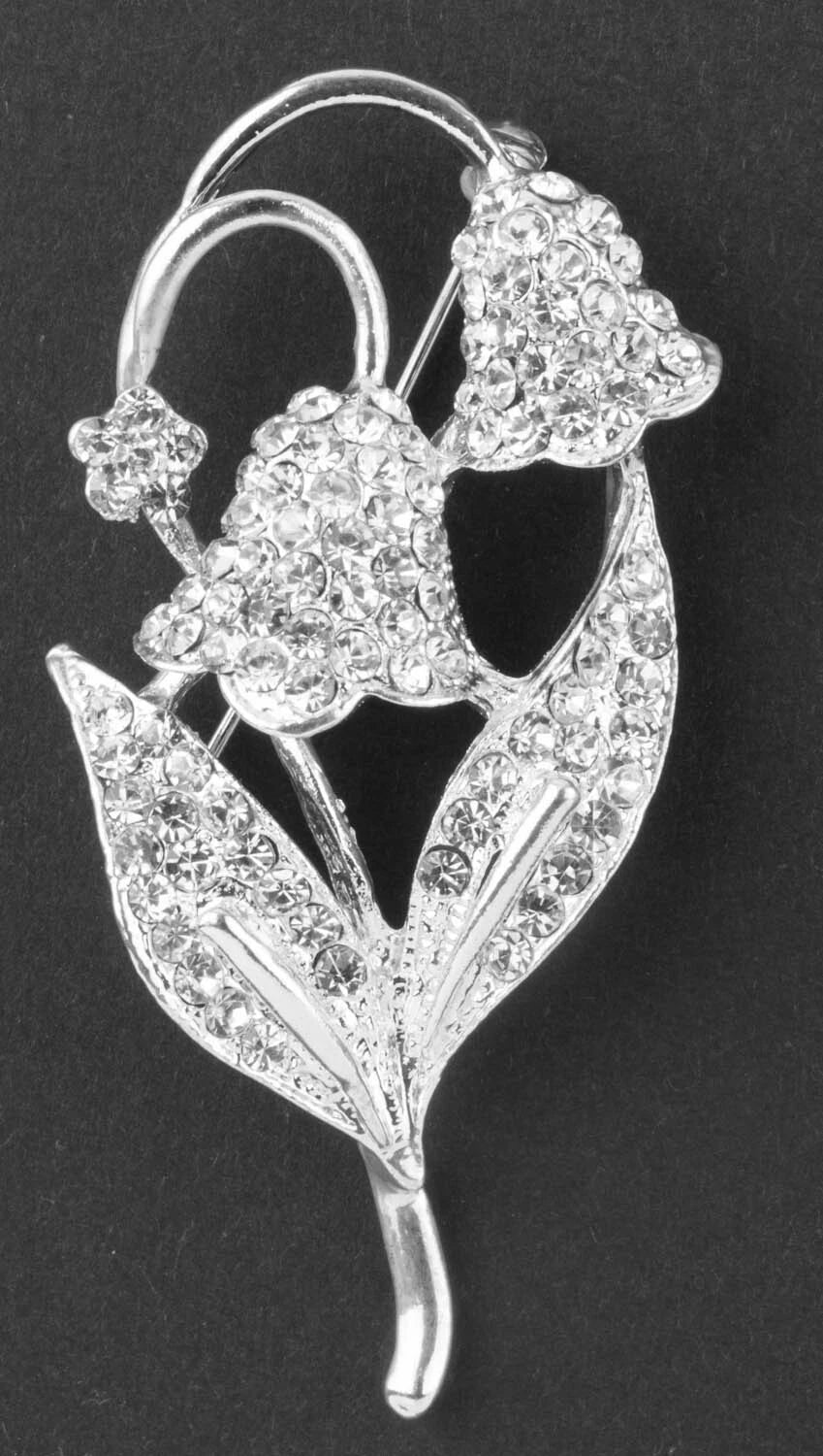 Crystal Silver Tone Flower Brooch in a Clear Color