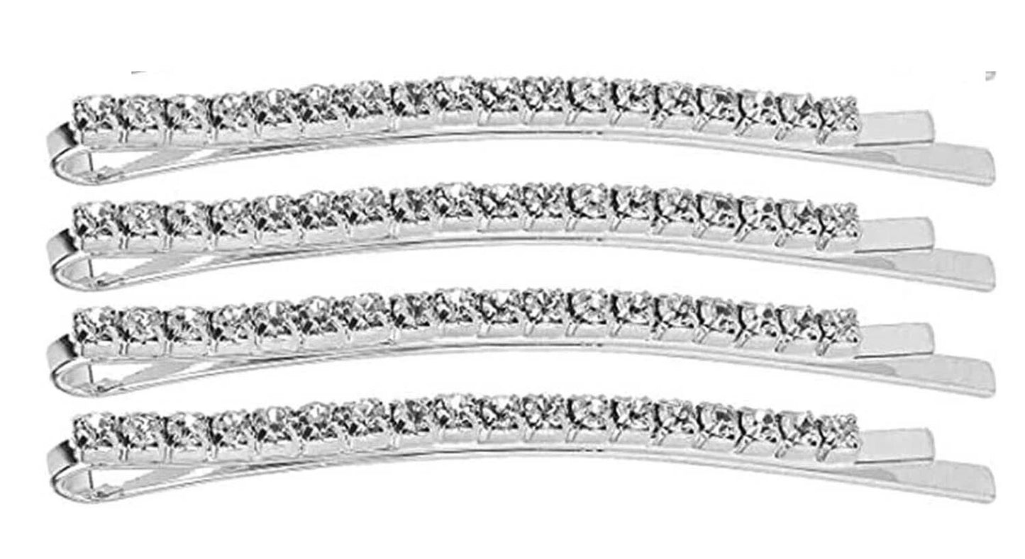4 Pcs Silver Crystal Diamante Bobby Pins – Sparkly Slim Hair Clips Slides for Women Girls, Rhinestone Hair Grips for Party, Wedding & Prom