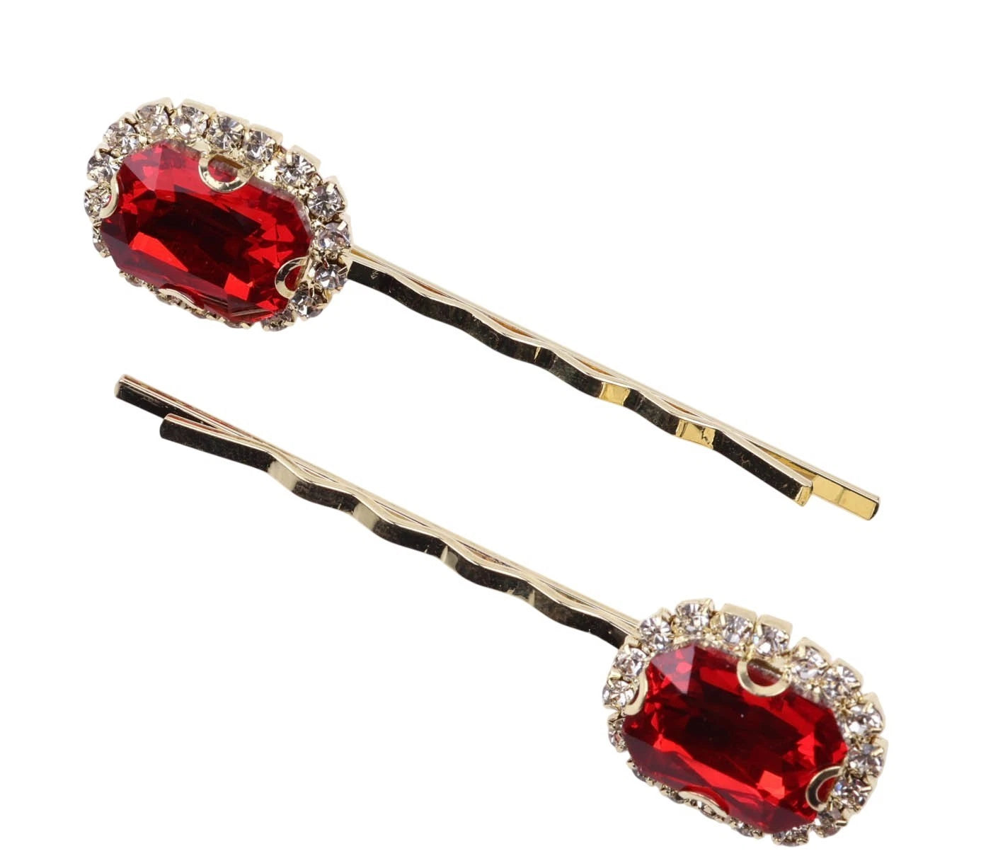 2 Pcs Red Cut Crystal Hair Clips – Gold Diamante Bobby Pins for Women Girls, Stylish Bridal Wedding Party Hair Accessories