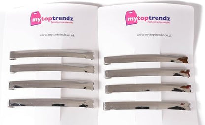 Slim French Style Silver Barrettes Hair Clips, Thin Metal Domed Spring Hair Slides for Women (Pack of 8)