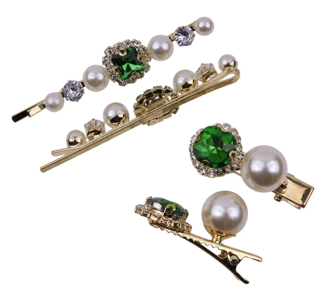 Crystal Pearl Gold Bobby Pins Hair Clips Decorative Slides for Women Wedding Party (Pack of 4)