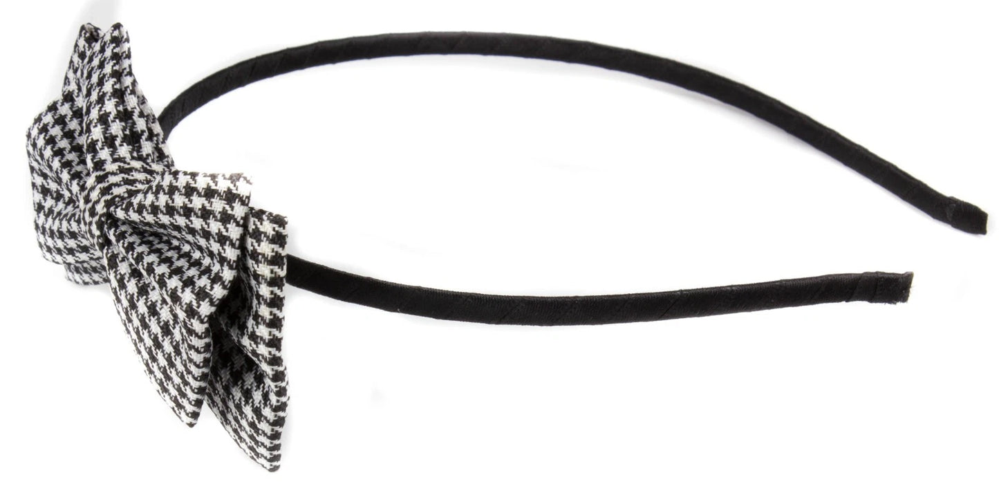 Classic Houndstooth Tweed Bow Headband: Skinny Metal Alice Hair Band