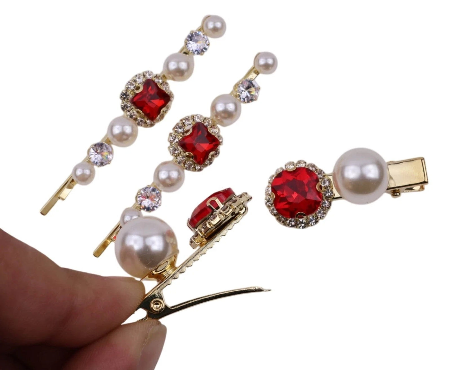 Crystal Pearl Gold Bobby Pins Hair Clips Decorative Slides for Women Wedding Party (Pack of 4)