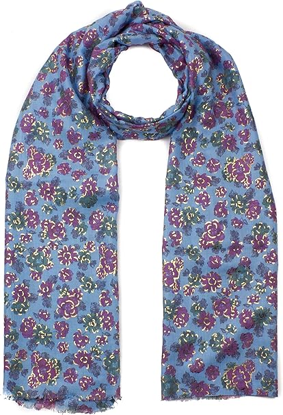 Women Floral Print Scarf Lightweight Soft Shawl Wrap with Frayed Ends Oversized Blue Scarf (Blue)