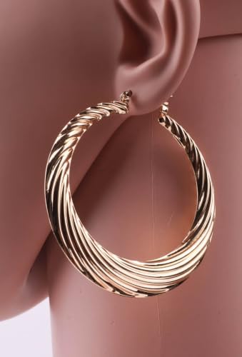 55mm Large Twisted Creole Hoop Earrings for Women, Lightweight Stainless Steel Statement Earrings, Hypoallergenic Gold or Silver Tone Fashion Hoops with Secure Snap Closure