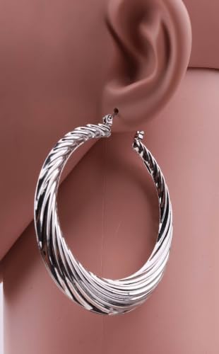 55mm Large Twisted Creole Hoop Earrings for Women, Lightweight Stainless Steel Statement Earrings, Hypoallergenic Gold or Silver Tone Fashion Hoops with Secure Snap Closure