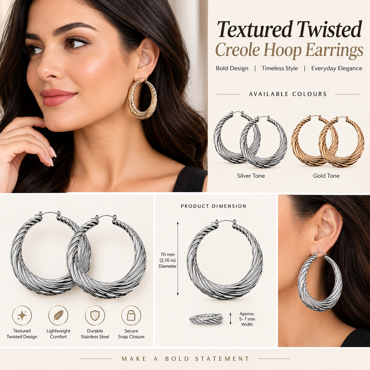 55mm Large Twisted Creole Hoop Earrings for Women, Lightweight Stainless Steel Statement Earrings, Hypoallergenic Gold or Silver Tone Fashion Hoops with Secure Snap Closure