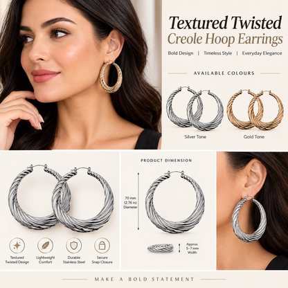 55mm Large Twisted Creole Hoop Earrings for Women, Lightweight Stainless Steel Statement Earrings, Hypoallergenic Gold or Silver Tone Fashion Hoops with Secure Snap Closure
