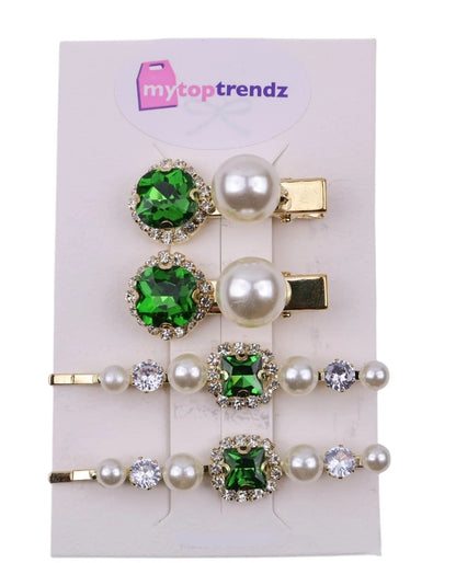 Crystal Pearl Gold Bobby Pins Hair Clips Decorative Slides for Women Wedding Party (Pack of 4)