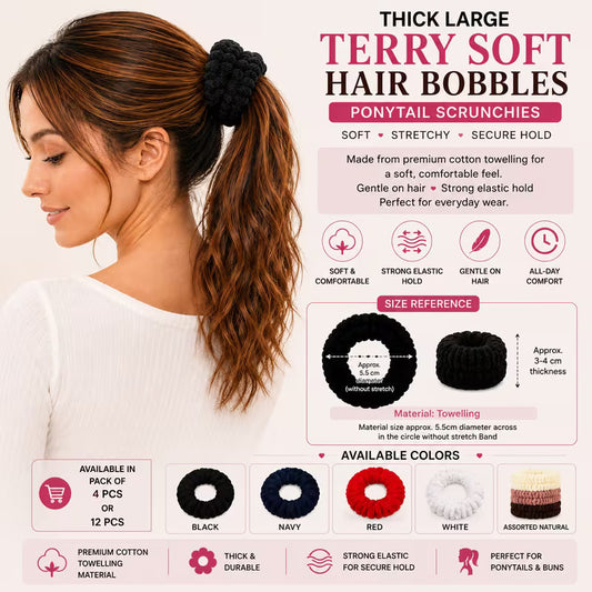 Large Thick Terry Hair Bobbles – Soft Towelling Ponytail Scrunchies & Stretchy Hair Ties for Women & Girls