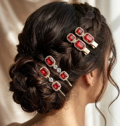 Ruby Crystal Stone Bobby Pins Hair Clips Decorative Slides for Women Party Wedding (Pack of 4)