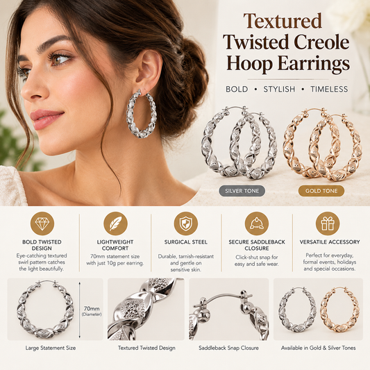 70mm Large Twisted Creole Hoop Earrings for Women, Chunky Lightweight Stainless Steel Statement Hoops, Gold or Silver Tone Textured Earrings with Secure Snap Closure