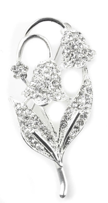 Crystal Silver Tone Flower Brooch in a Clear Color
