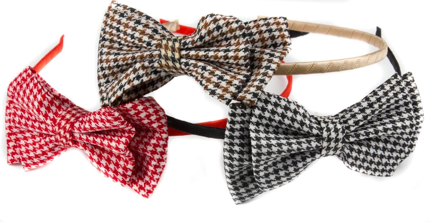 Classic Houndstooth Tweed Bow Headband: Skinny Metal Alice Hair Band