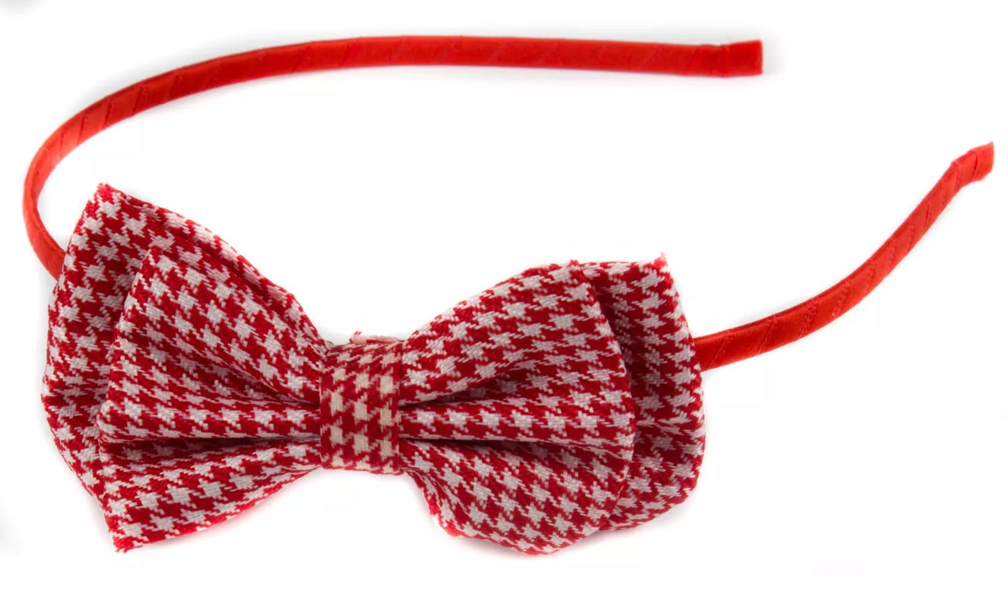 Classic Houndstooth Tweed Bow Headband: Skinny Metal Alice Hair Band