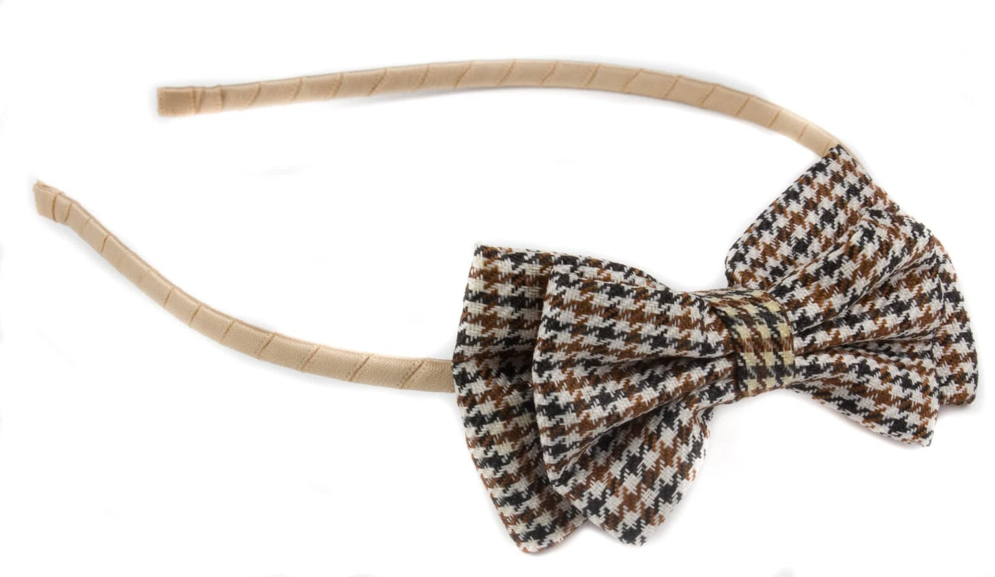 Classic Houndstooth Tweed Bow Headband: Skinny Metal Alice Hair Band