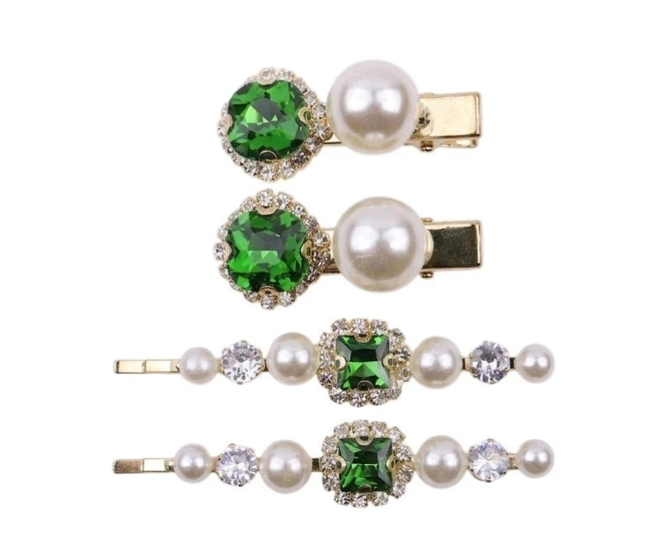 Crystal Pearl Gold Bobby Pins Hair Clips Decorative Slides for Women Wedding Party (Pack of 4)