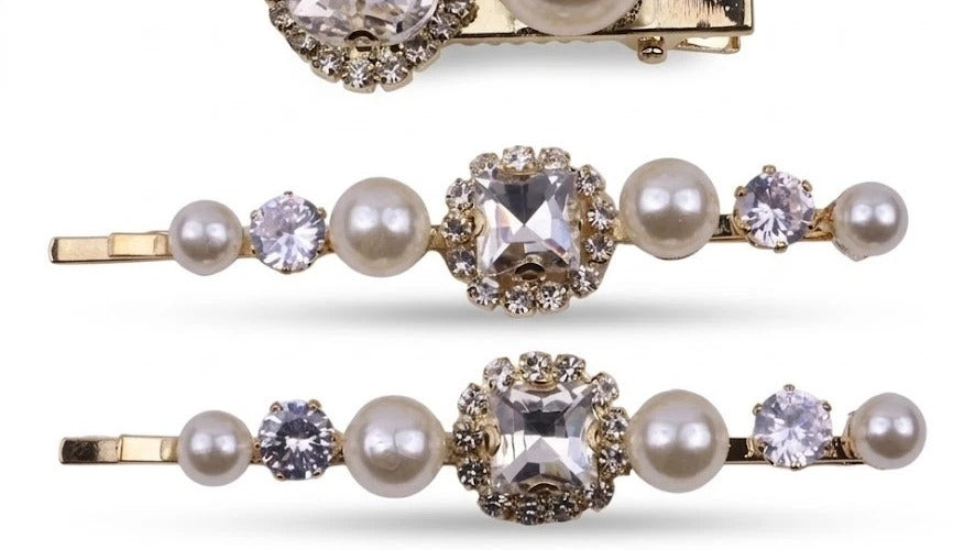 Crystal Pearl Gold Bobby Pins Hair Clips Decorative Slides for Women Wedding Party (Pack of 4)