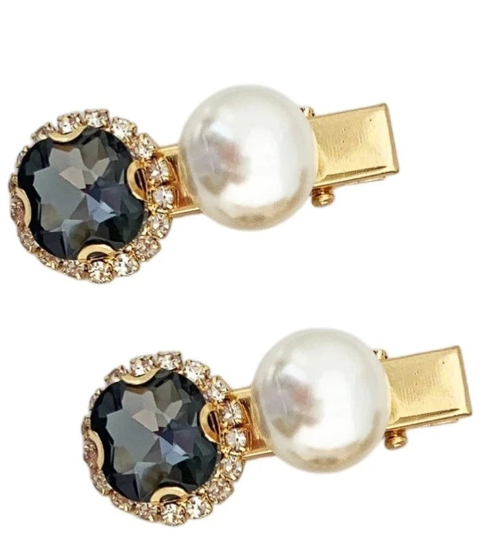 4PCS Crystal Black Pearl Gold Bobby Pins Hair Clips Decorative Slides for Women Wedding Party