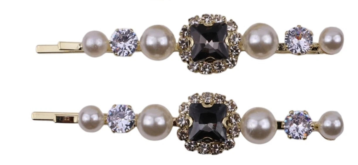 4PCS Crystal Black Pearl Gold Bobby Pins Hair Clips Decorative Slides for Women Wedding Party