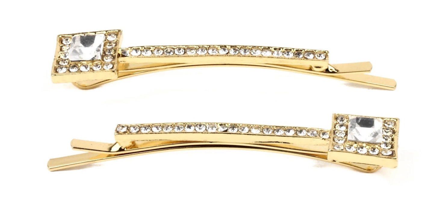 2 Pcs Crystal Flower Hair Slides Gold – Sparkly Diamante Bobby Pins Hair Clips for Women Girls, Bridal Wedding Party Hair Accessories