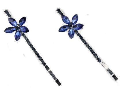 2 Pcs Blue Crystal Flower Hair Slides – Diamante Bobby Pins Hair Clips for Girls & Women, Small Sparkly 5 Petal Hair Grips for Party & Wedding