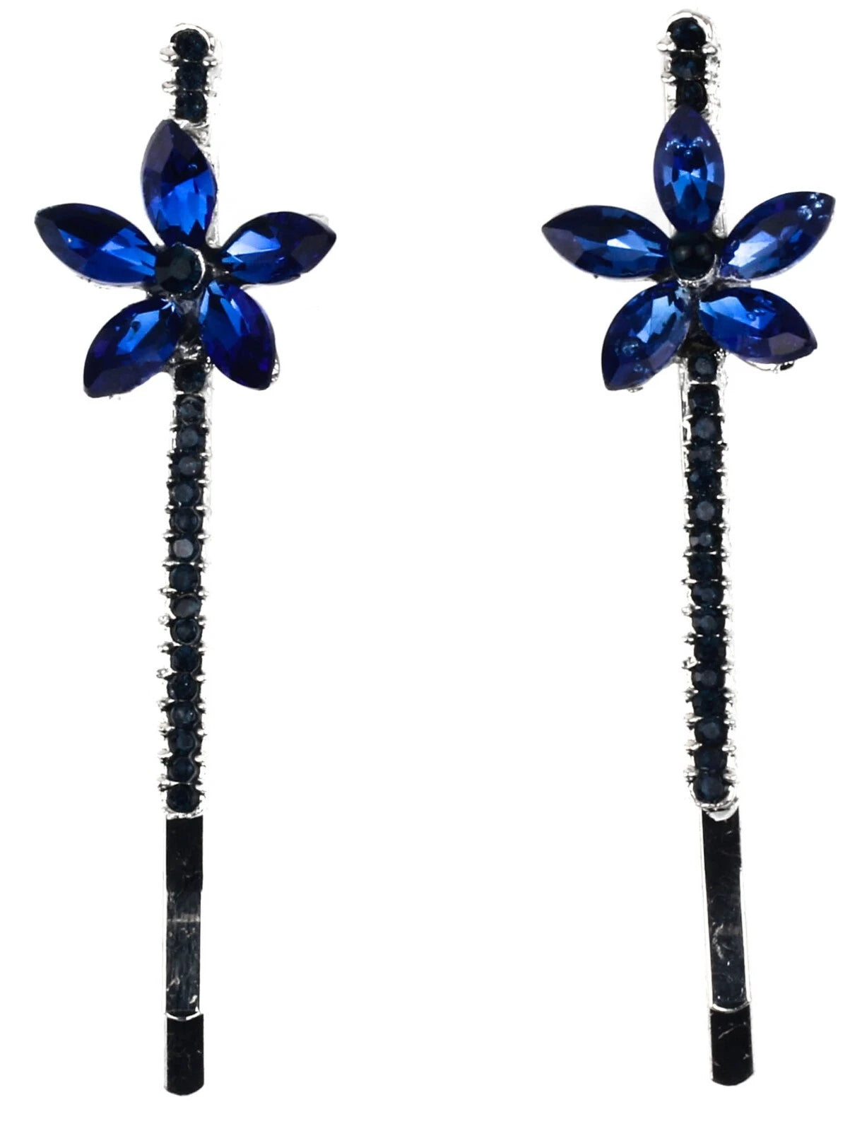 2 Pcs Blue Crystal Flower Hair Slides – Diamante Bobby Pins Hair Clips for Girls & Women, Small Sparkly 5 Petal Hair Grips for Party & Wedding