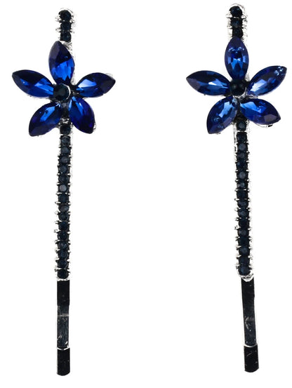 2 Pcs Blue Crystal Flower Hair Slides – Diamante Bobby Pins Hair Clips for Girls & Women, Small Sparkly 5 Petal Hair Grips for Party & Wedding