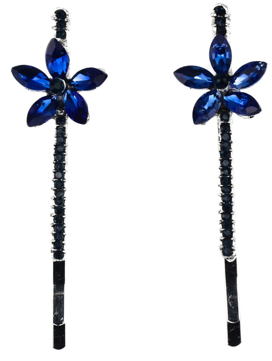 2 Pcs Blue Crystal Flower Hair Slides – Diamante Bobby Pins Hair Clips for Girls & Women, Small Sparkly 5 Petal Hair Grips for Party & Wedding