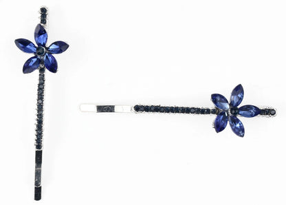 2 Pcs Blue Crystal Flower Hair Slides – Diamante Bobby Pins Hair Clips for Girls & Women, Small Sparkly 5 Petal Hair Grips for Party & Wedding