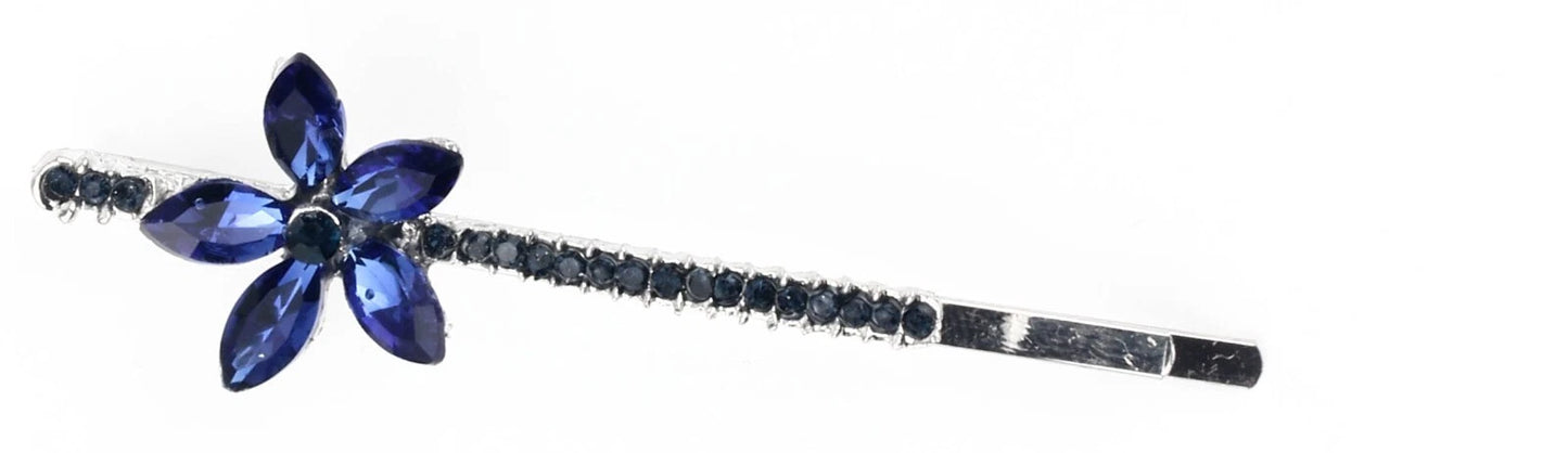 2 Pcs Blue Crystal Flower Hair Slides – Diamante Bobby Pins Hair Clips for Girls & Women, Small Sparkly 5 Petal Hair Grips for Party & Wedding