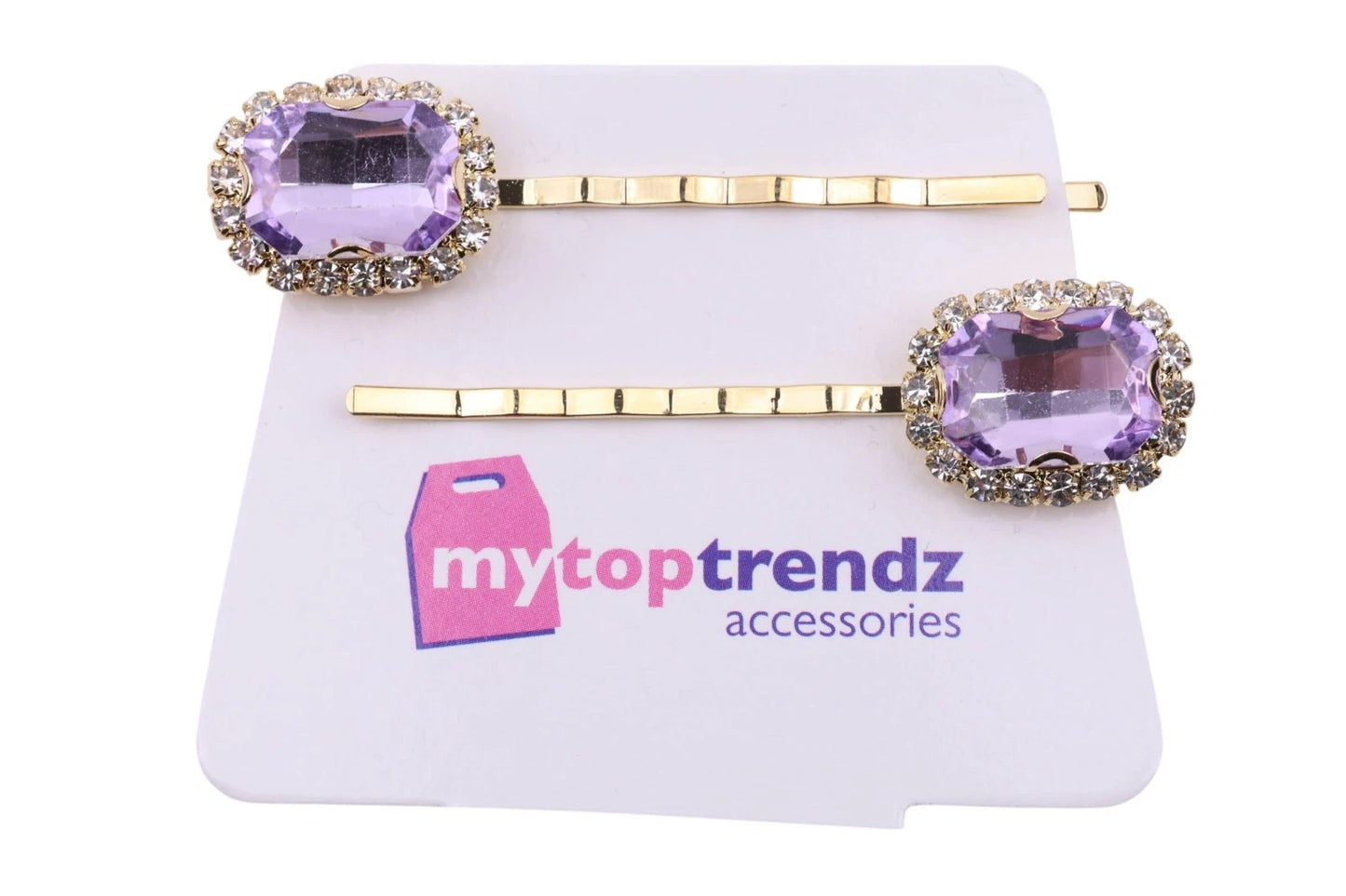 2 Pcs Purple Emerald Cut Crystal Hair Slides – Gold Bobby Pins with CZ Diamante Stones, Bridal Wedding Party Hair Clips for Women Girls