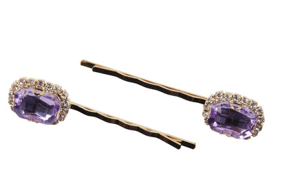 2 Pcs Purple Emerald Cut Crystal Hair Slides – Gold Bobby Pins with CZ Diamante Stones, Bridal Wedding Party Hair Clips for Women Girls