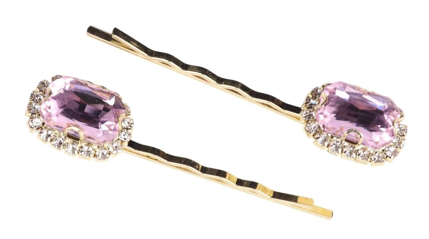 2 Pcs Purple Emerald Cut Crystal Hair Slides – Gold Bobby Pins with CZ Diamante Stones, Bridal Wedding Party Hair Clips for Women Girls
