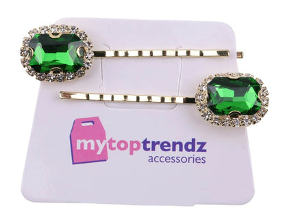 2 Pcs Green Emerald Cut Crystal Hair Pins – Gold Diamante Bobby Clips for Women & Girls, Elegant Bridal Wedding Party Hair Accessories