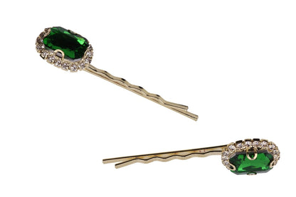 2 Pcs Green Emerald Cut Crystal Hair Pins – Gold Diamante Bobby Clips for Women & Girls, Elegant Bridal Wedding Party Hair Accessories