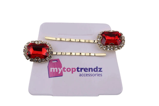 2 Pcs Red Cut Crystal Hair Clips – Gold Diamante Bobby Pins for Women Girls, Stylish Bridal Wedding Party Hair Accessories