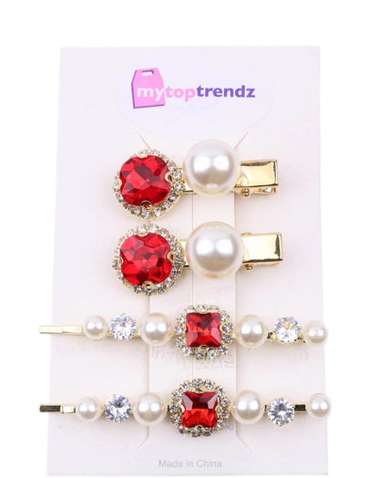 Crystal Pearl Gold Bobby Pins Hair Clips Decorative Slides for Women Wedding Party (Pack of 4)