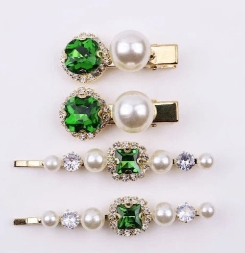 Crystal Pearl Gold Bobby Pins Hair Clips Decorative Slides for Women Wedding Party (Pack of 4)