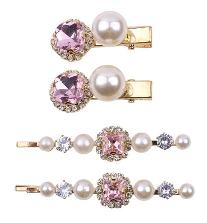 Crystal Pearl Gold Bobby Pins Hair Clips Decorative Slides for Women Wedding Party (Pack of 4)